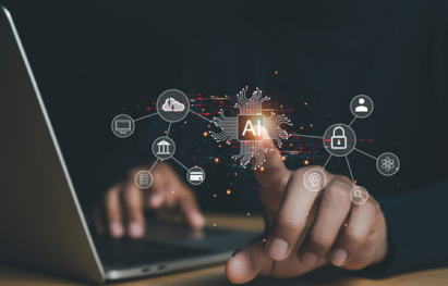 laptop and hands touching ai network procurement icons